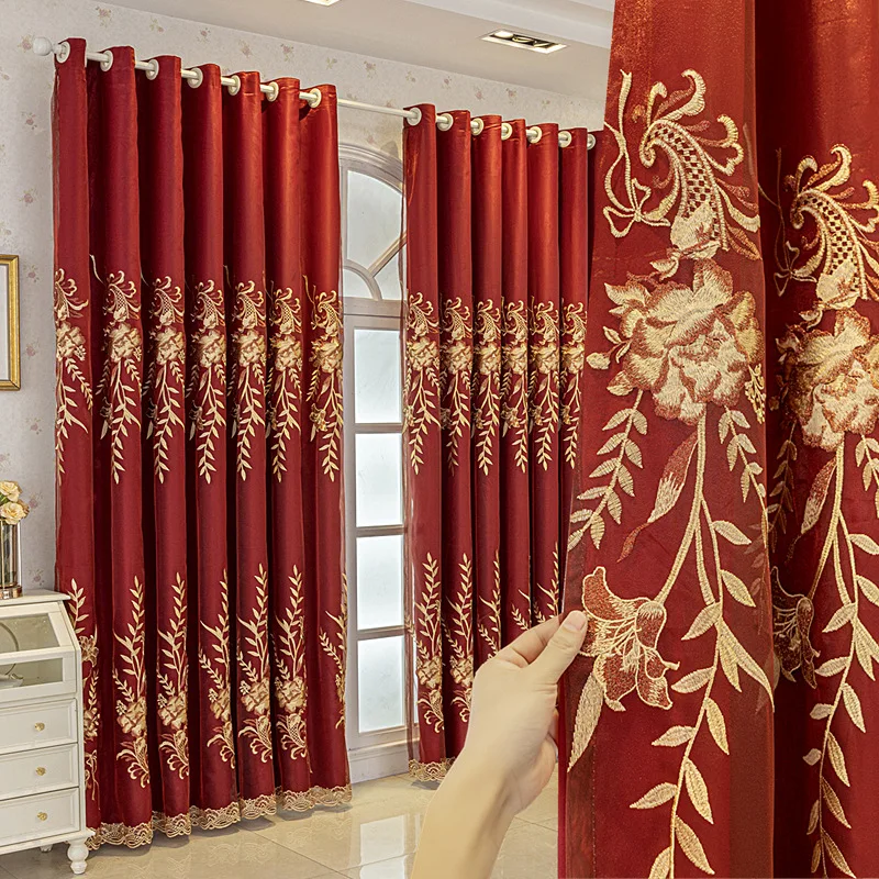 

Двухслойные шторы для гостиной, столовой, спальни, ткань, сетка, встроенная, полностью Затемняющая ткань для спальни, Красная Тюль на заказ