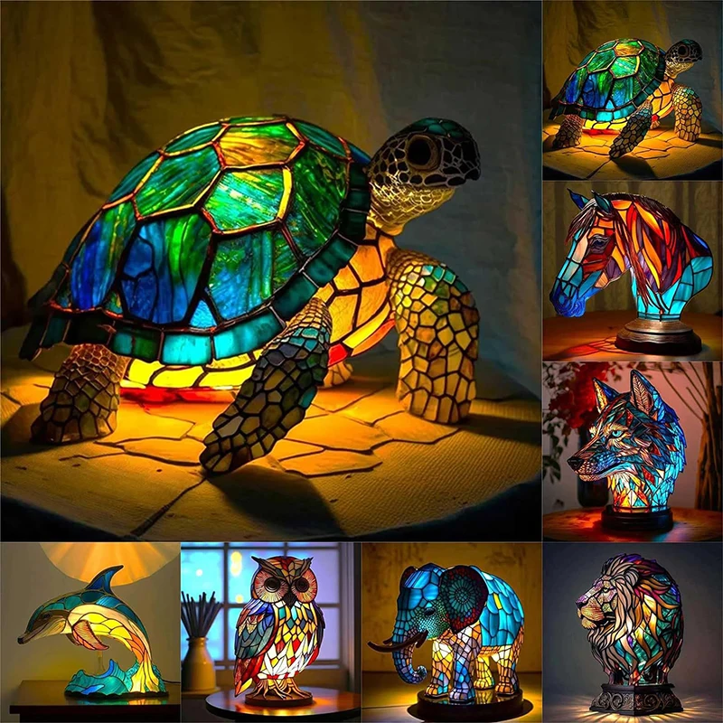 

2024 New Animal Table Lamp Series,Stained Glass Cat,Dragon,Wolf,Horse,Owl,Dolphin,Turtle,Elephant,Mermaid Table Lamp Night Light