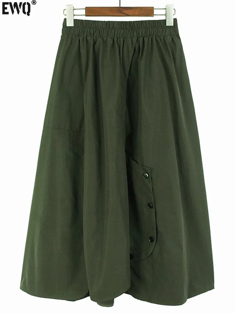 

Женская юбка средней длины [EWQ], зеленая юбка-трапеция средней длины на пуговицах с высокой талией и эластичным поясом в японском стиле, модель 2024 на весну и лето, 8146