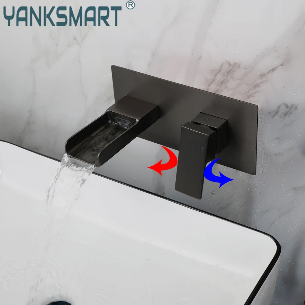 

YANKSMART Gun Grey Bathroom Faucet Embedded Box Valve Basin Sink Faucets Wall Mount 1 Handle Waterfall Mixer Tap Crane Torneira