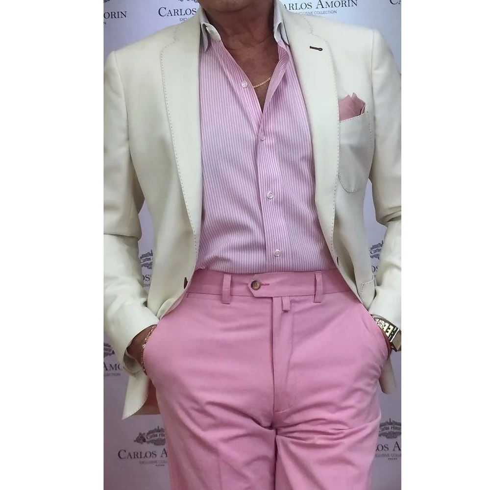 

Chic Notch Lapel Men Suits Slim Fit 2 Piece Ivory Blazer with Pink Pants Fashion Casual Daily Party Wedding Groom Tuxedo 2023