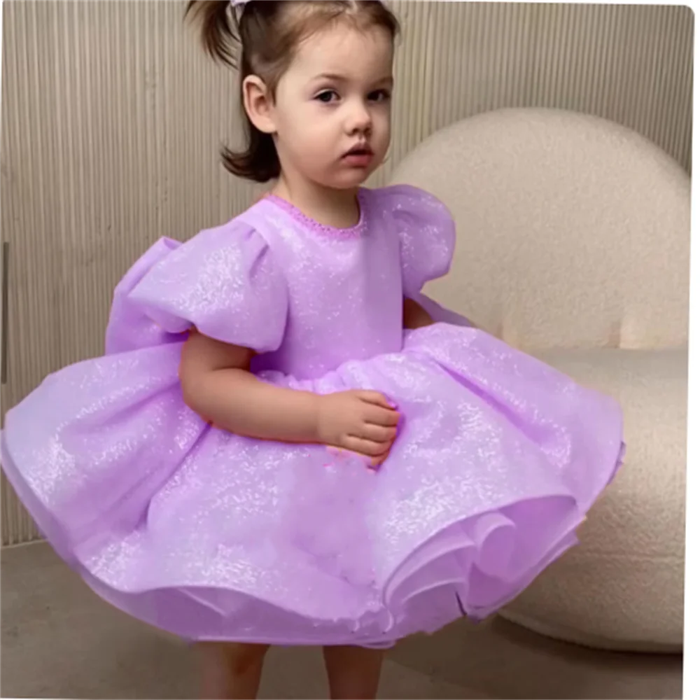

Puffy Short Sleeve Knee Length Glitter Flower Girl Dresses for Baby Birthday Wedding Party Gowns Tutu Communion
