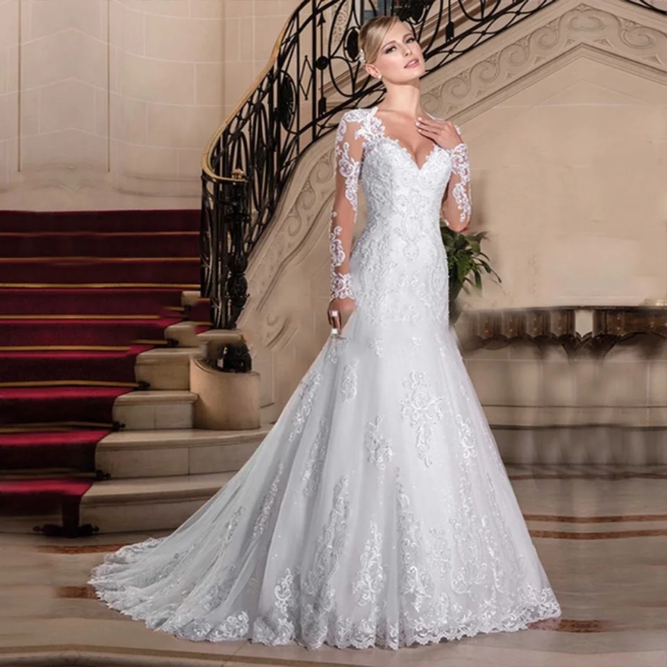 New Long Sleeves Mermaid Wedding Dresses Sexy V-Neck Vestidos De Novia Appliques Vestido De Noiva Lace Robe De Mariée
New Long Sleeves Mermaid Wedding Dresses Sexy V-Neck Vestidos De Novia Appliques Vestido De Noiva Lace Robe De Mariée