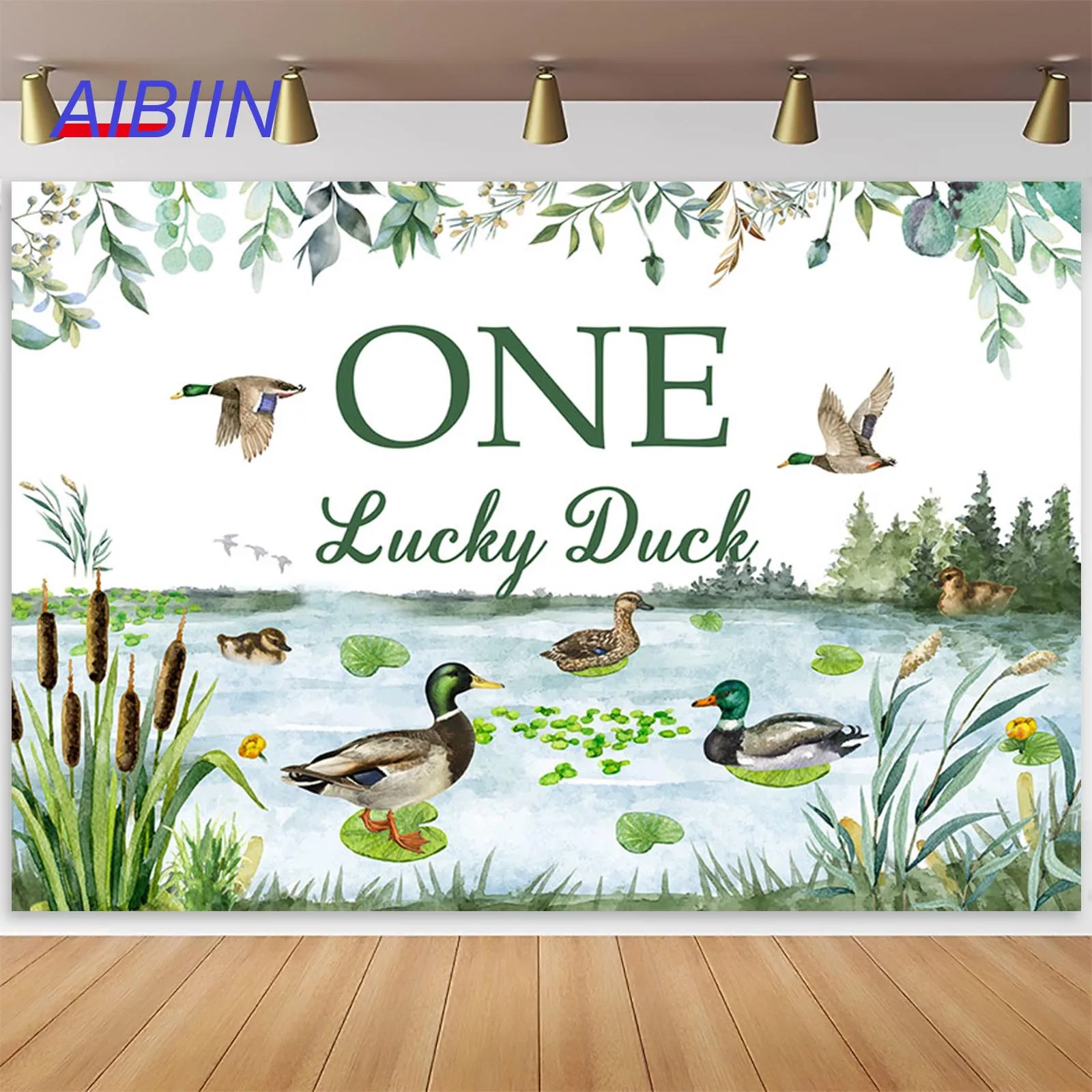 

AIBIIN 1st Birthday Party Backdrop Spring Leaves Duck Reed Lake Surface Photography Background Party Decor Cake Table Photozone