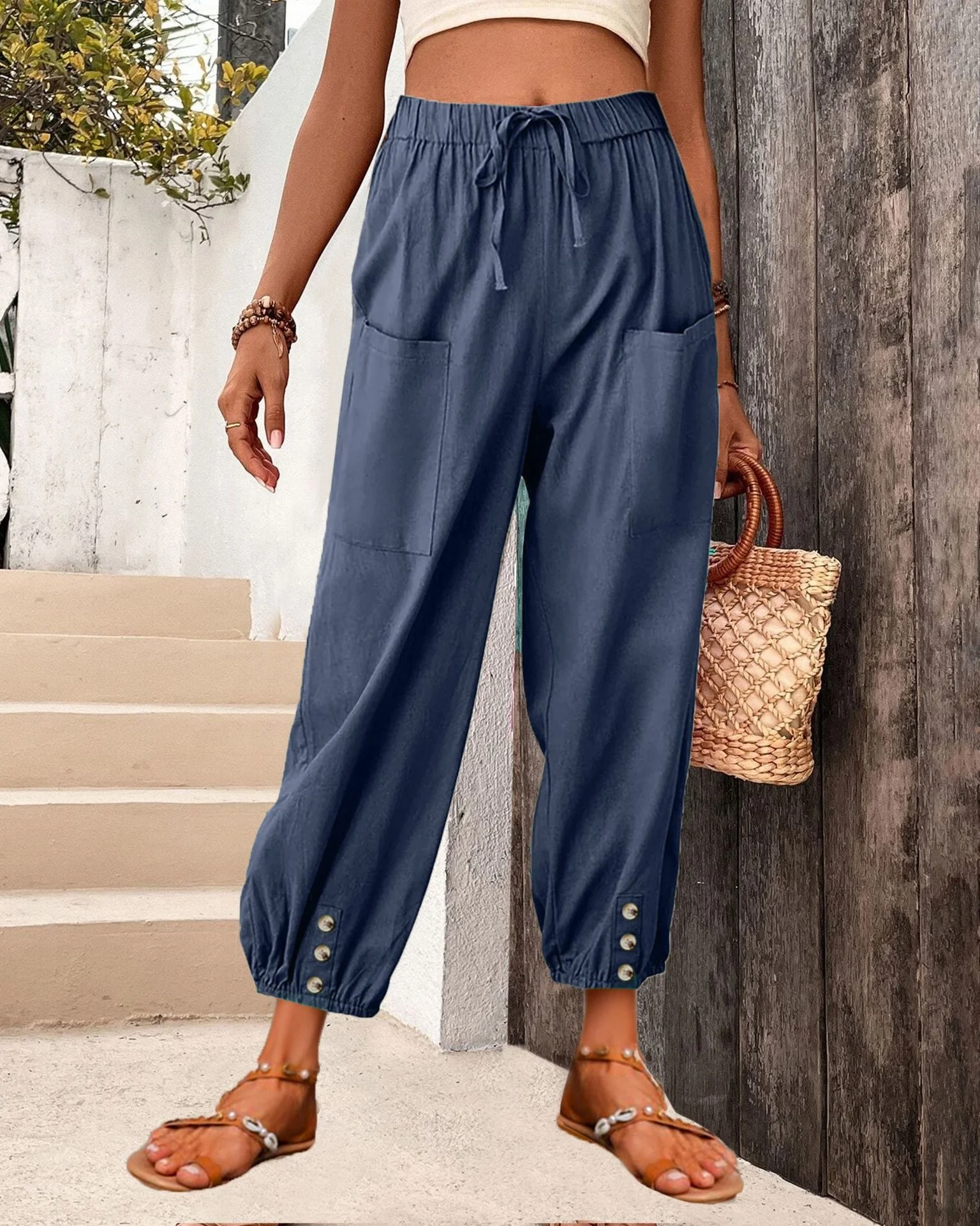 

Women Loose Fitting High Waisted Buttoned Cotton Linen Pants Fashion Wide Leg Cropped Pants Drawstring Elastic Waist Trousers