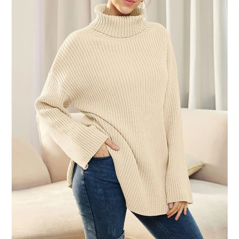 

2023 Autumn/Winter High Collar Extra Large Pullover Split Long Sleeve High Collar Rib Knitted Sweater Women Winter Pullover Tops