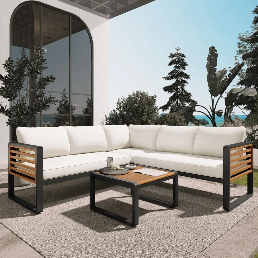 GO 4 Pieces Outdoor Patio Conservation Set Metal and Wood Frame Sectional Lshaped Sofa with Soft Cushion and a Coffee Tables fo GO 4 Pieces Outdoor Patio Conservation Set Metal and Wood Frame Sectional Lshaped Sofa with Soft Cushion and a Coffee Tables fo