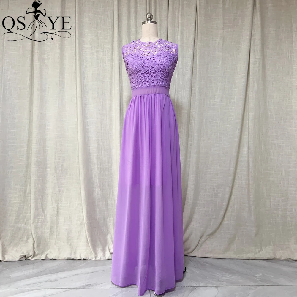 

Lavender Chiffon Bridesmaid Dresses Purple Lace Bodice High neck Evening Gown Sleeveless Simple A line Lady Prom Party Dress