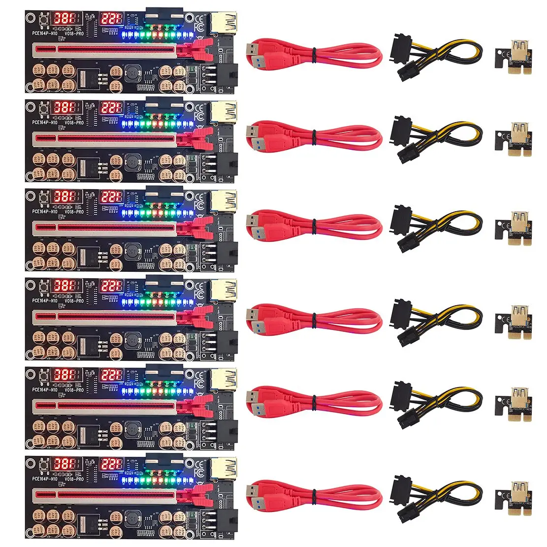 

6 Pcs New VER018 PRO PCI-E 1X to 16X GPU Extension Cable Riser Card with LED Lights/Voltage/Temperature Display Red