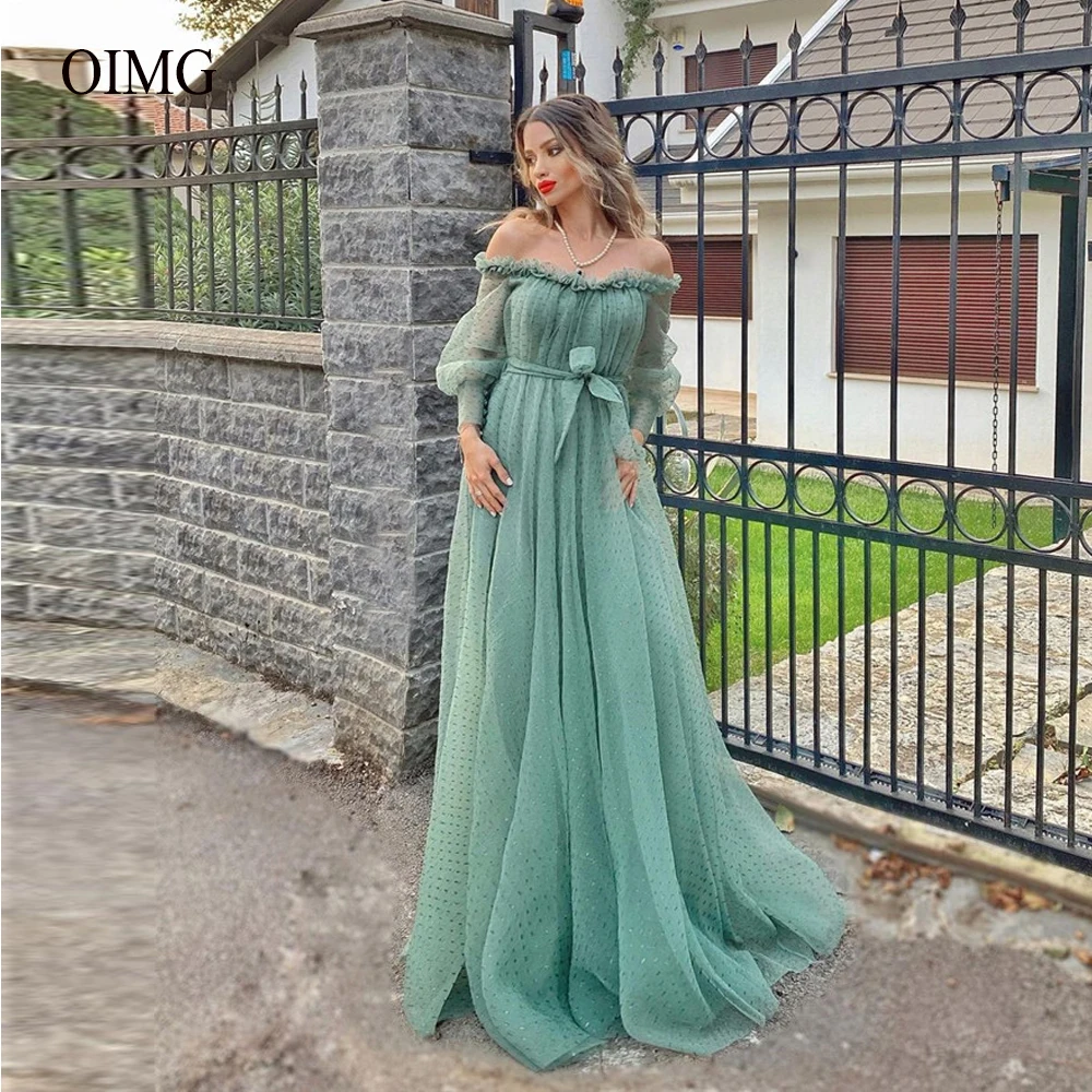 Pale Green Dotted Tulle Evening Dresses Off the Shoulder Puff Long Sleeves Ruffles Women Formal Prom Gown Party Dress
Pale Green Dotted Tulle Evening Dresses Off the Shoulder Puff Long Sleeves Ruffles Women Formal Prom Gown Party Dress