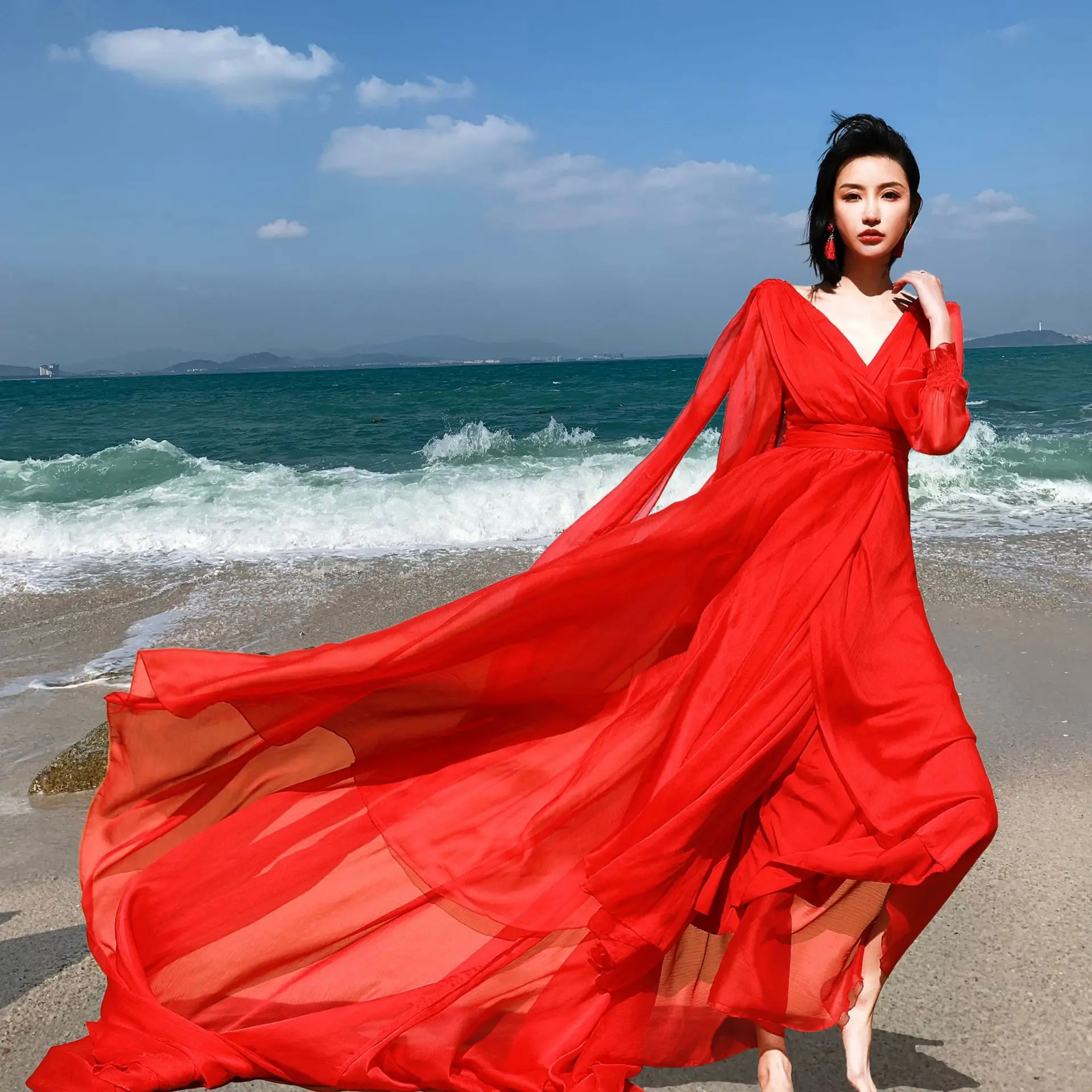 

XUAN PhD Chaka Salt Lake Desert Tibet Travel Shooting Long Dress Ethnic Style Exotic Retro Dress Elegant Beach Dress Women's