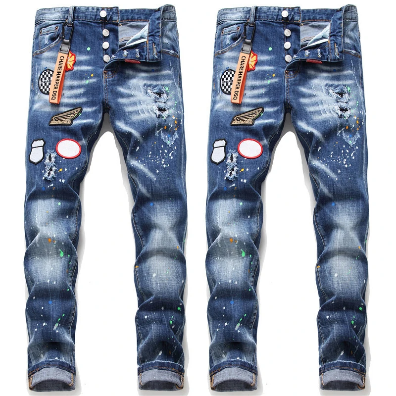 

Chareiharper dsq 1045 Men's jeans small straight leg embroidered pants Ripped Fabric Stretch Paint Splash badge Italian design