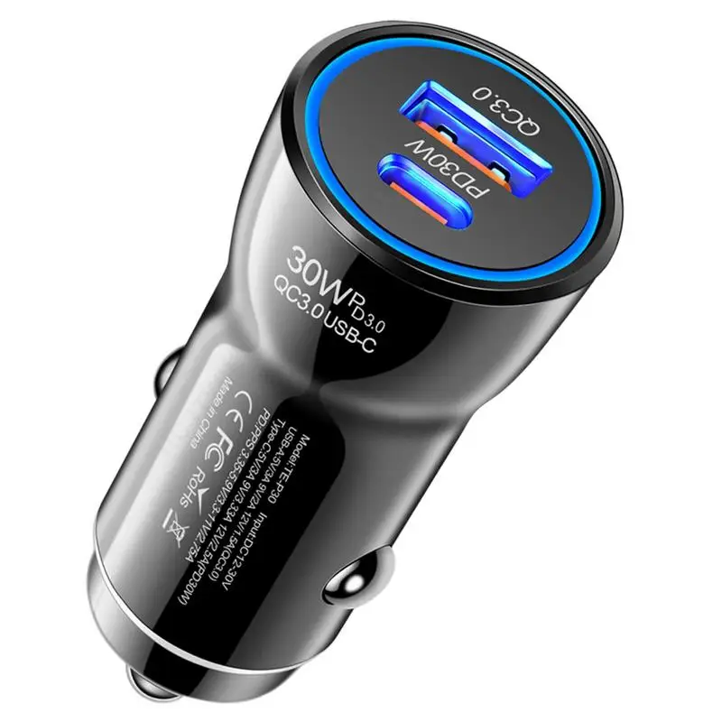

Type C Car Charger Dual Port Car USB Charger Fast Charging Luminous PD 30W Quick Charge 3.0 Charger For Smartphones Tablets