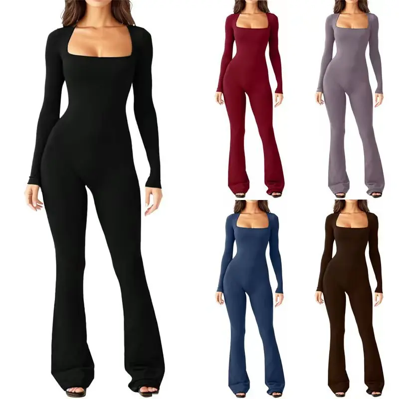 

Harem Jumpsuit Spaghetti Long Full Sleeve Boot Cut Sexy Spring Winter Yoga Vintage Slim Overall Playsuits Rib Bodysuits Women