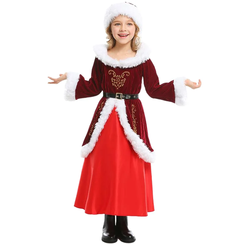 

Kids Clothing Christmas Eve Dinner Girl Dress Santa Claus Dresses with Hat Xmas Party Cosplay Costume Burgundy Holiday Clothes