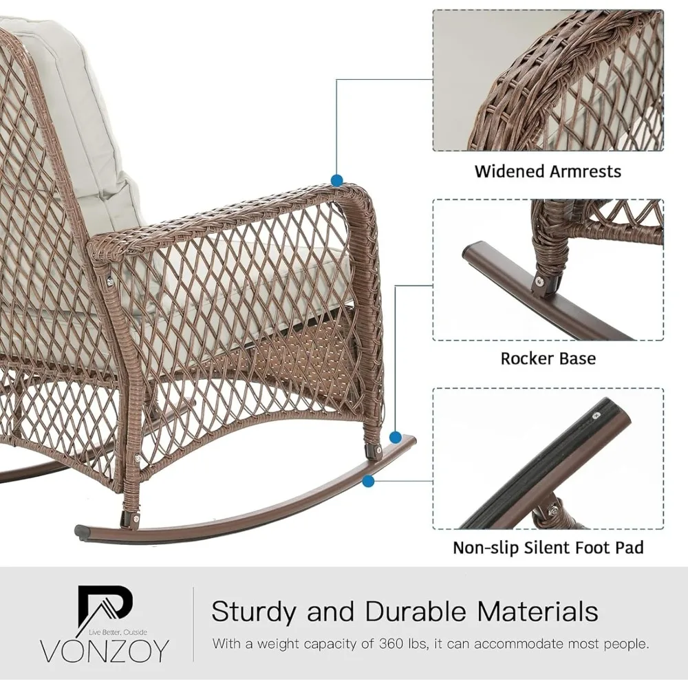 Patio Furniture Set 3 Pieces, Rocking Bistro Set with Thick Cushions, Brown Wicker Outdoor Rocker Chairs and Coffee Table for Po Patio Furniture Set 3 Pieces, Rocking Bistro Set with Thick Cushions, Brown Wicker Outdoor Rocker Chairs and Coffee Table for Po