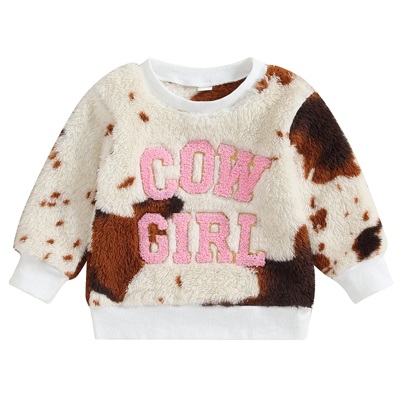 

Fall Winter Clothes Toddler Baby Girl Sweatshirt Cow Letter Embroidery Long Sleeve Crewneck Fuzzy Pullovers Tops