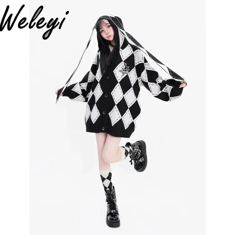 

Super Nice Women's Black Loose Sweaters 2024 Autumn and Winter New Rhombus Stitching Loose Hooded Rabbit Ears Cardigan Tops Coat