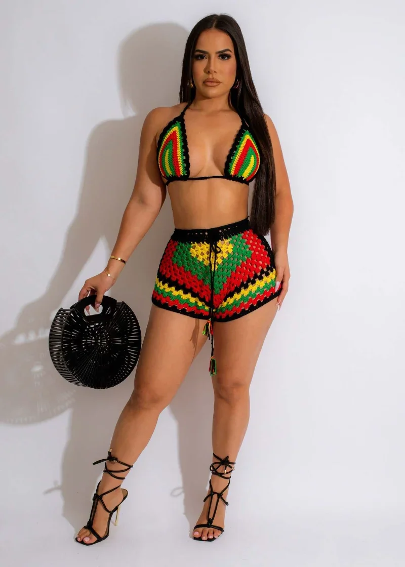

KEXU Raibow Striped Knit Crochet Women's Set Bra Crop Top and Shorts Set 2024 Fashion Summer Two 2 Piece Set Outfit Tracksuit