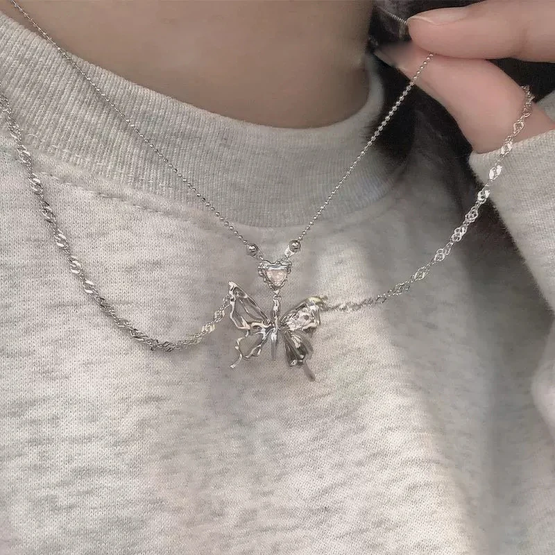 

Vintage Y2K Silver Aesthetic Butterfly Pendant Necklace for Women Hip Hop Kpop Double Chain Heart Necklaces Choker Girls Jewelry