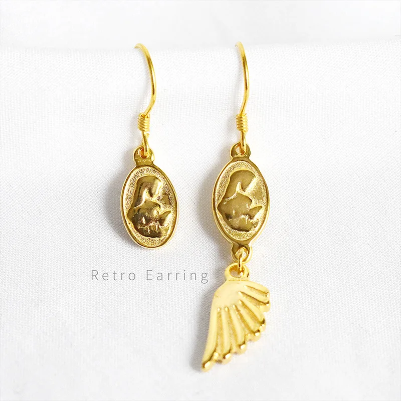 

S925 Pure Silver Gold Color Asymmetric Dangle Earrings with Virgin Mary Design - Korean Style Fashion Jewelry for Women