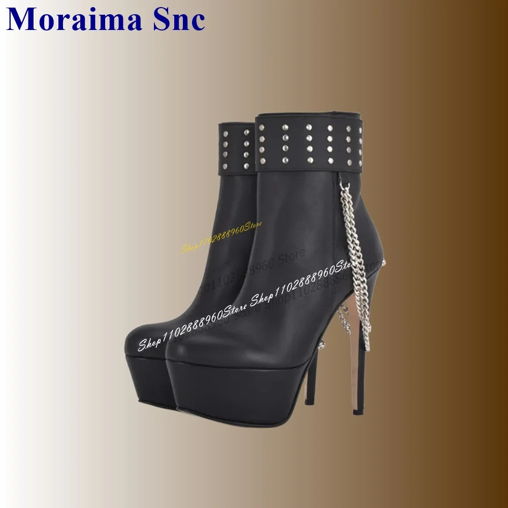 

Black Rivet Chain Decor Platform Boots Mid Calf Stilettos High Heel Women Shoes Side Zipper Pointed Toe 2024 Zapatos Para Mujere