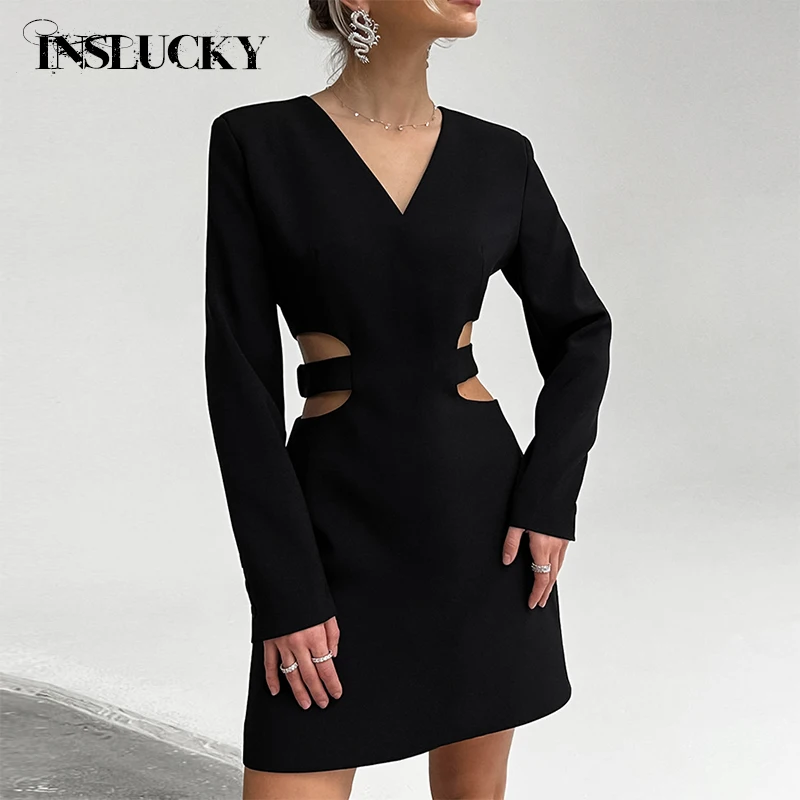 

InsLucky Luxury Hollow Out Elegant Mini Dress Women Evening Elegant Dress V Neck Long Sleeve Slim Straight Partywear Office Lady