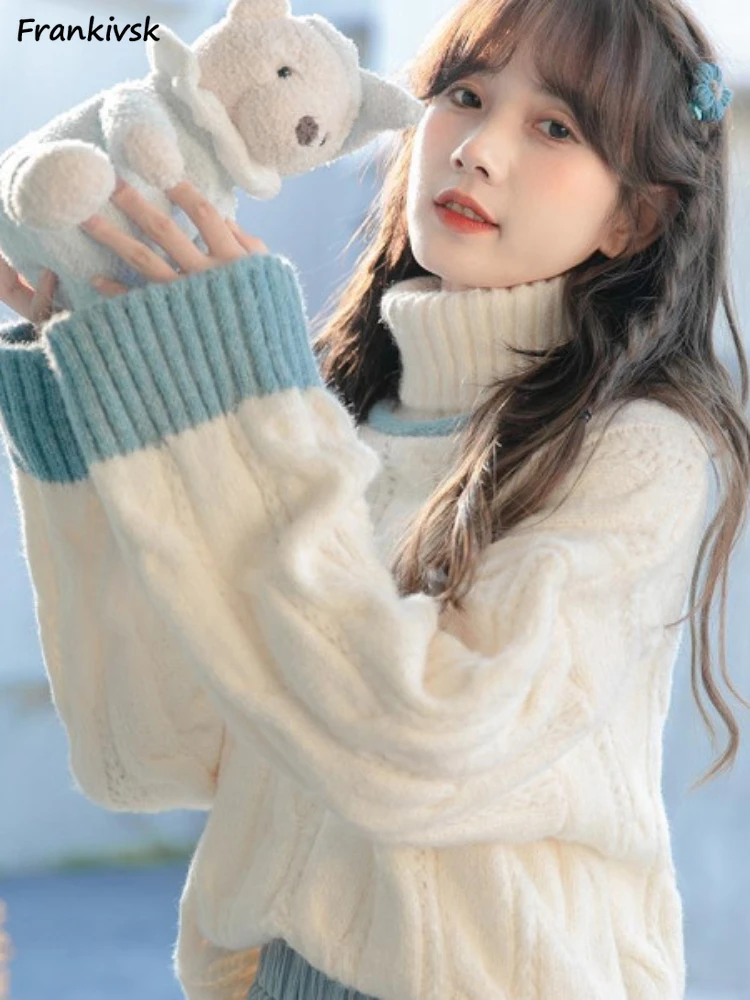 

Turtleneck Sweaters Women Panelled Sweet Autumn Winter Retro Japanese Style Loose Aesthetic Schoolgirls Youthful Lovely Trendy