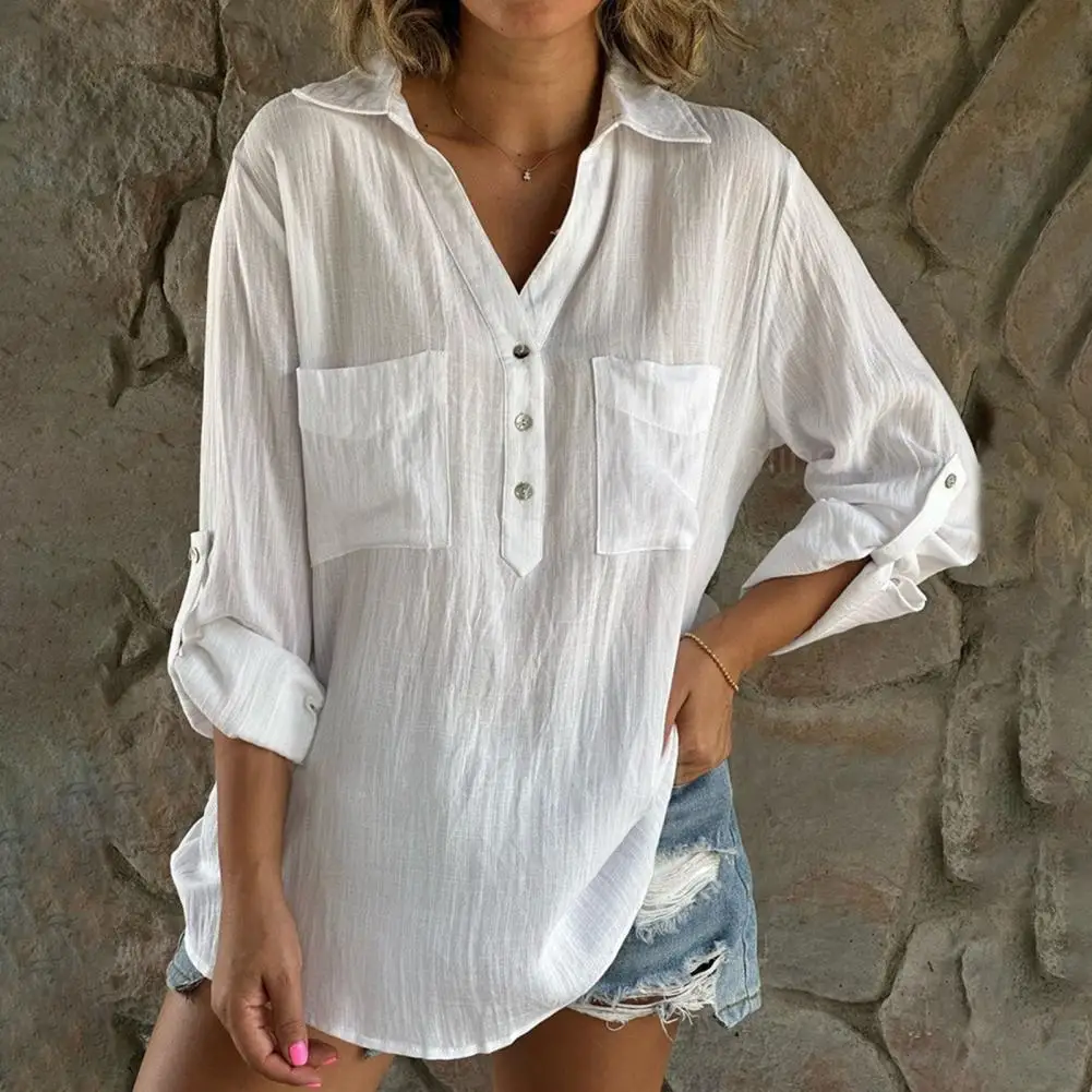 Ladies Shirt Versatile Spring Autumn Lapel V-neck Shirt with Buttons Half Placket Patch Pockets Loose Fit Solid for Effortless
Ladies Shirt Versatile Spring Autumn Lapel V-neck Shirt with Buttons Half Placket Patch Pockets Loose Fit Solid for Effortless
