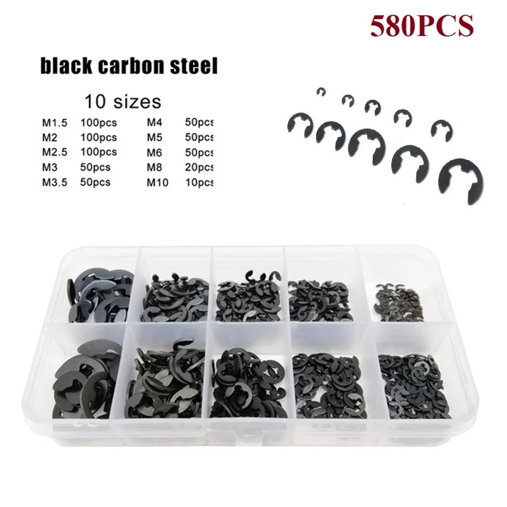 580pcs/set 10 Sizes 1.5-10mm Black Carbon Steel Shaft E Clip Snap Circlip Washer E Type Retaining Ring Black Carbon Steell
580pcs/set 10 Sizes 1.5-10mm Black Carbon Steel Shaft E Clip Snap Circlip Washer E Type Retaining Ring Black Carbon Steell