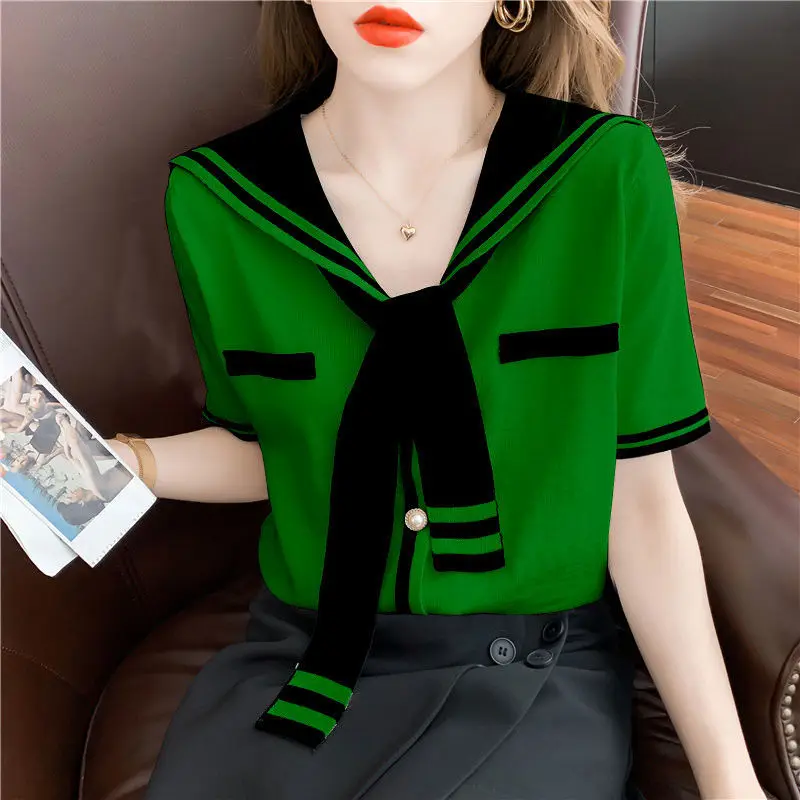 

Fashion V-Neck Spliced Tie Button Loose Blouse Oversized Lace Up Commute Pullovers 2022 Summer New Casual Female Clothing Shirt