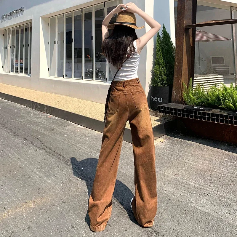 

Женские джинсы в стиле ретро, коричневые прямые свободные джинсы с широкими штанинами, модная дизайнерская одежда