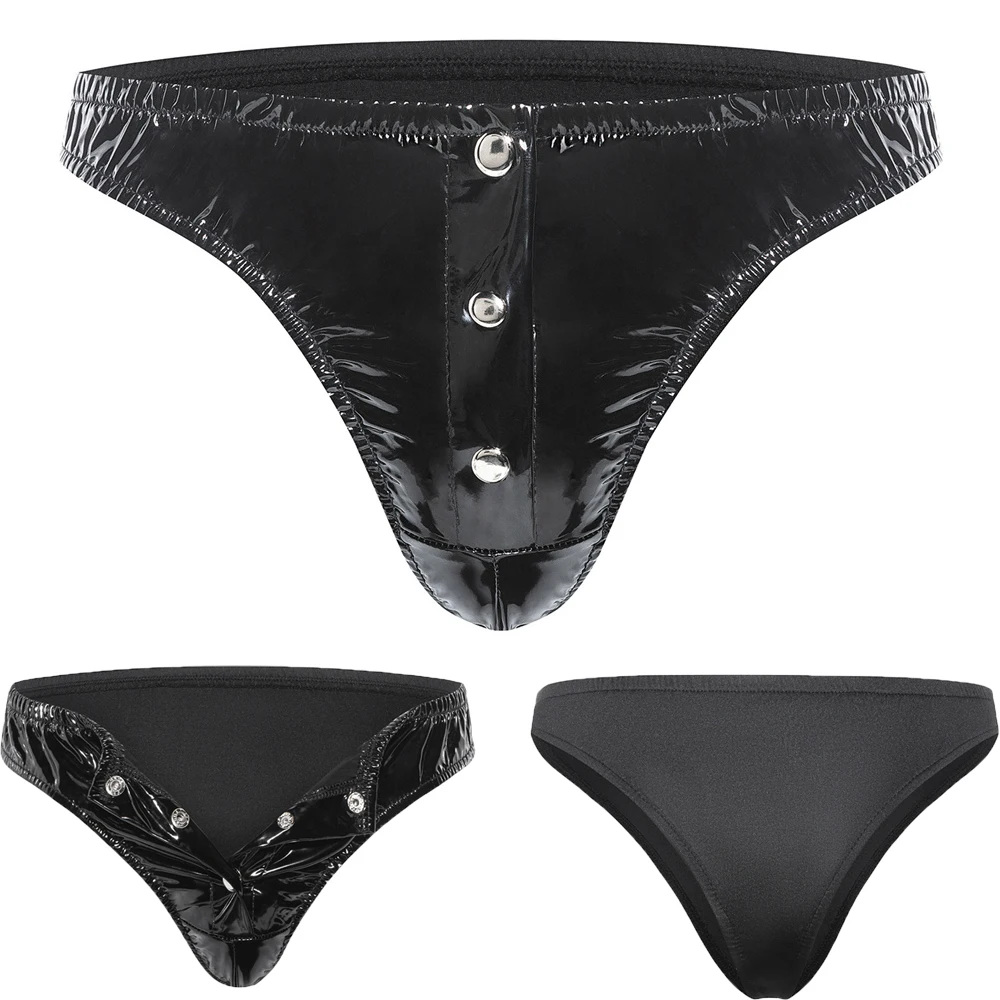 

Men Sexy Briefs Faux Leather Button Open Crotch Panties Underwear Sissy Erotic Low Waist Underwear Night Clubwear Male Underpant