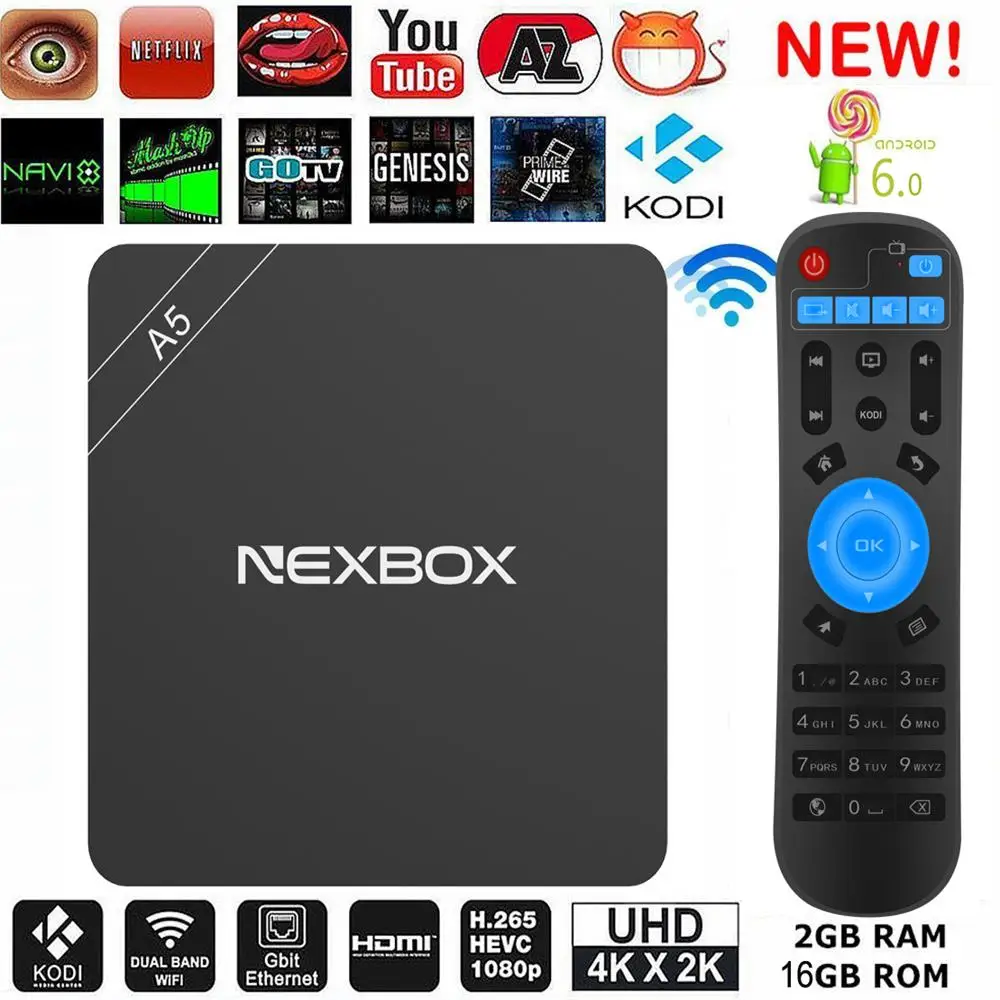 

NEXBOX A5 2GB/16GB Amlogic S905X Quad Core Cortex A53 Andrews 6.0 Smart TV BOX 2.4G WiFi 4K 2K H.265 Media Stream Set Top Box