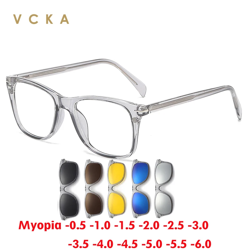 

Солнцезащитные очки VCKA 6 в 1 для мужчин и женщин, поляризационные темные очки с магнитной застежкой, в прозрачной серой оправе, для близорукости, от-0,5 до-10
