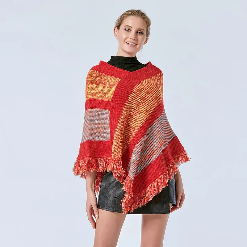 

Autumn Winter National Style Imitation Cashmere Cloak Shawl Knitted Pullover Tassel Scarf Women Long Sunscreen Shawl Red