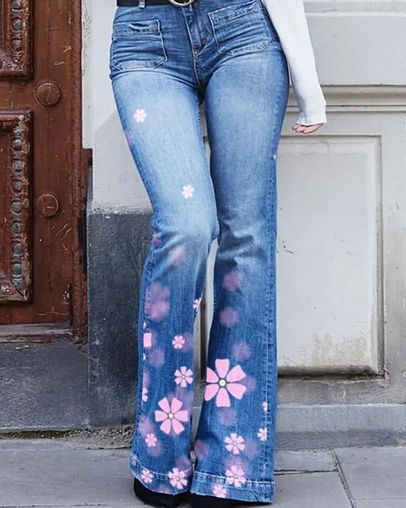 

Горячая Распродажа 2024, пряные голубые расклешенные джинсы в американском ретро стиле для девушек, модные Универсальные повседневные джинсовые 3D брюки с низкой талией