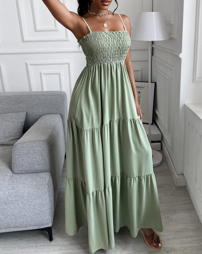 

Women's Clothing Shirring Detail Ruched Casual Maxi Dress 2024 Spring and Summer New Square Neck Sleeveless Smock Boho Dress