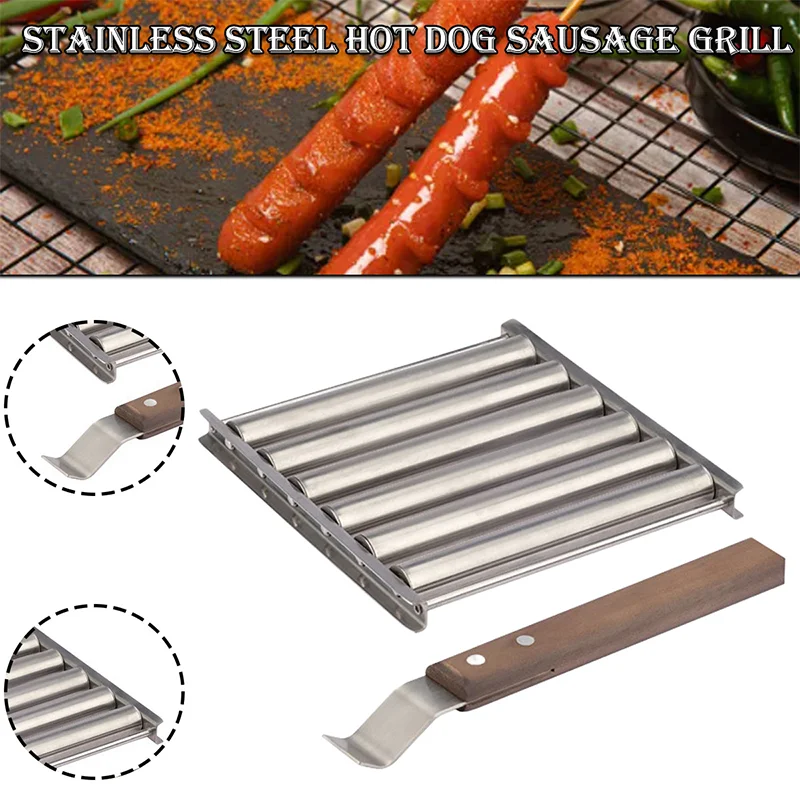 

Sausage Roller Hot Dog Roller With Extra Long Wood Handle Stainless Steel Sausage Roller Rack For Grill Evenly BBQ Accessories