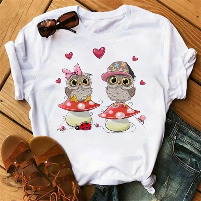 

Cute Cartoon Animal Owl Print T-shirt Short Sleeve Women's Dress Aesthetic Clothes Tops Oversized T Shirt Harajuku