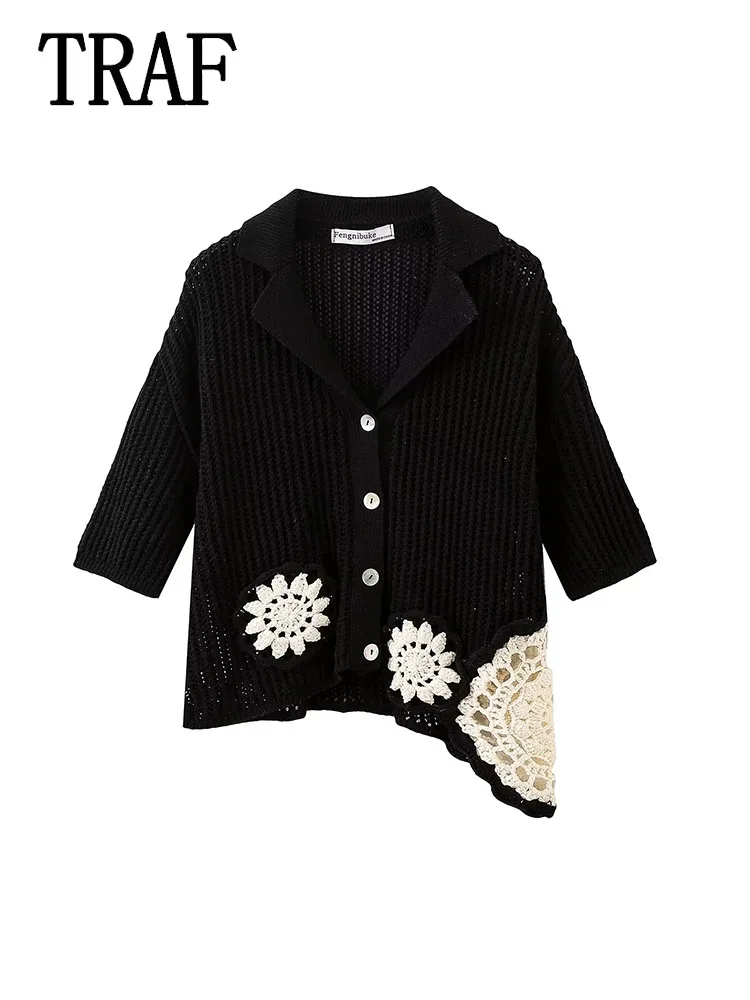 

TRAF 2024 Black Knit Cardigan Women Lapel Collar Sexy Slim Knitted Coat Woman Elegant Lined Button Sweater Cardigan