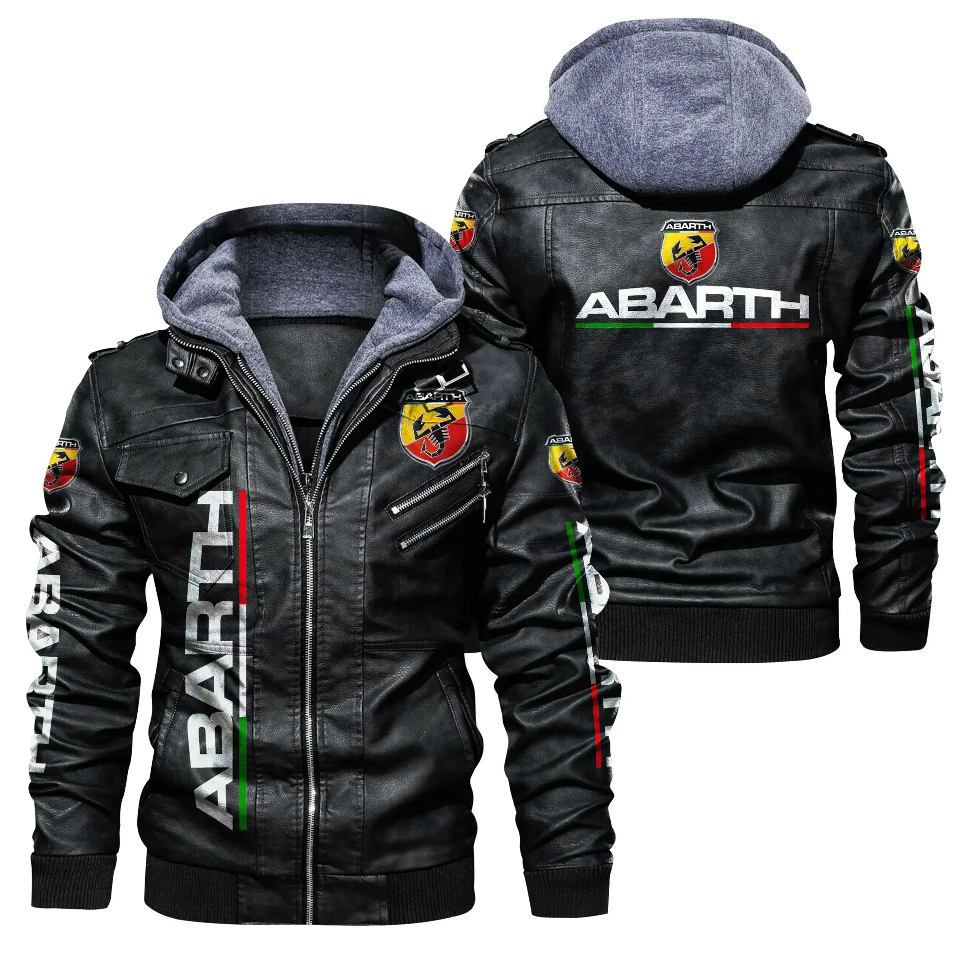 

New 2023 Winter Eurosize Men's Pu Leather Abarth Logo Long Sleeve Zipper Hooded Jacket Fleece-lined Fashion Keep Warm Coat