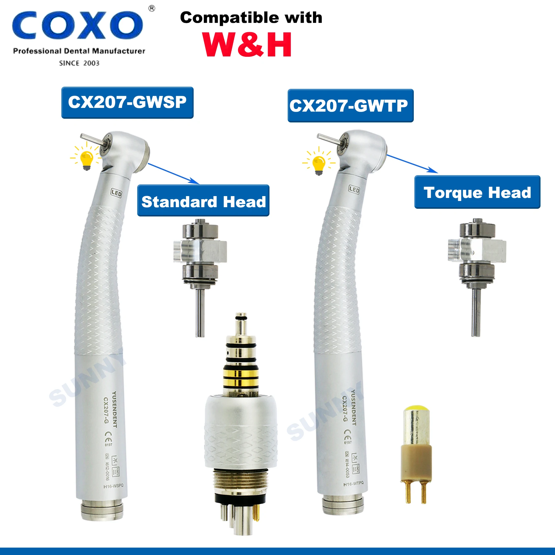 

COXO Dental Turbine Handpiece Fiber Optic High Speed Handpiece Air Rotor Standard/Torque Big Head LED Coupler 6 Pin Fit WH