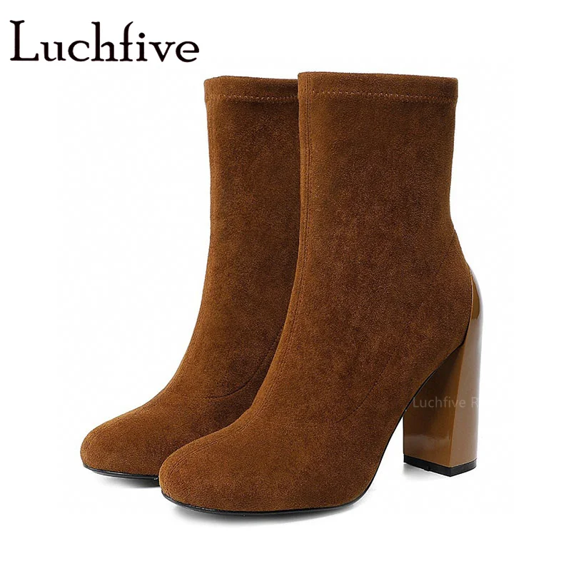 

2023 New Leather Chunky High Heels Ankle Boots Women Round Toe Square Heel Pumps Brand Sexy Boots Sexy Runway Short Boots Mujer