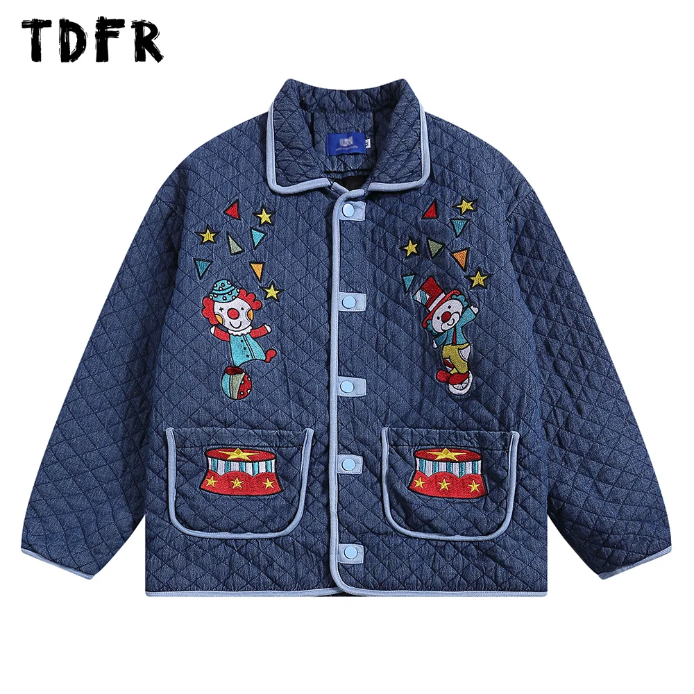 Clown Embroidery denim Quilted Jacket Mens Washed Retro Casual Loose Lapel Single Breasted Long Sleeve Outerwear Thick Men
Clown Embroidery denim Quilted Jacket Mens Washed Retro Casual Loose Lapel Single Breasted Long Sleeve Outerwear Thick Men