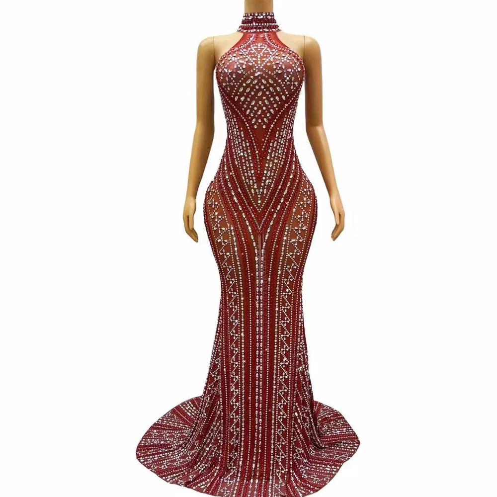 Sexy Stage Luxury Silver Red Rhinestones Long Train Dress Sleeveless Grown Outfit Dance Stage Show Wedding Party Costume
Sexy Stage Luxury Silver Red Rhinestones Long Train Dress Sleeveless Grown Outfit Dance Stage Show Wedding Party Costume