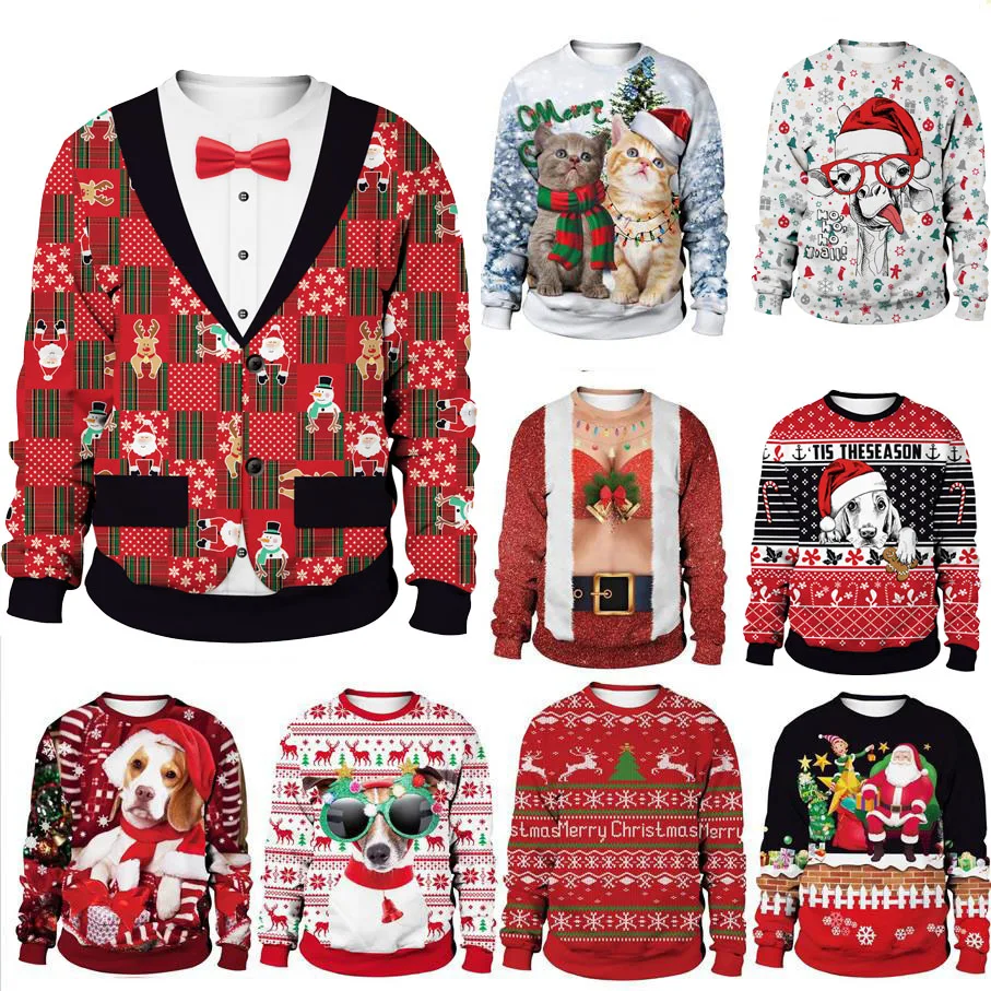 

2022 Ugly Christmas Sweater Women Men Funny Christmas Pullovers Cute Santa Snowman Reindeer Couples Dress Up Xmas Jumpers Tops