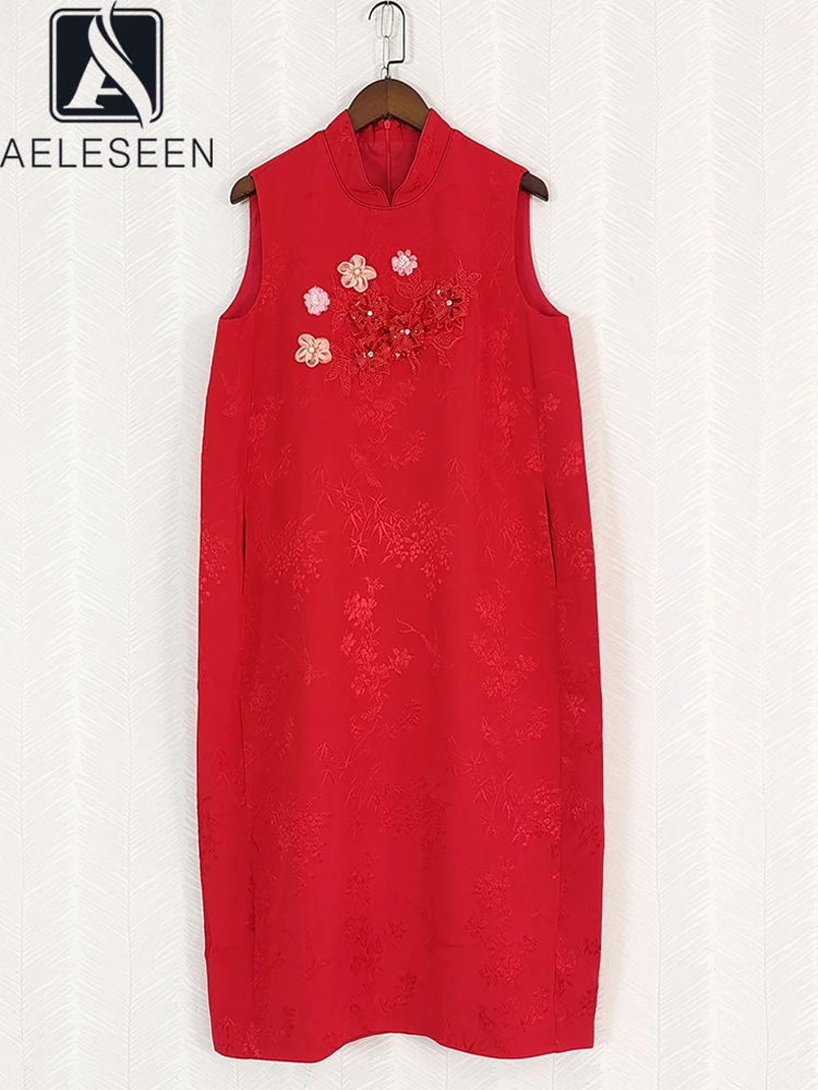 

AELESEEN Runway Fashion Mini Summer Dress Women Sleeveless Red 3D Flower Embroidery Sequined Diamonds Slim Casual Holiday