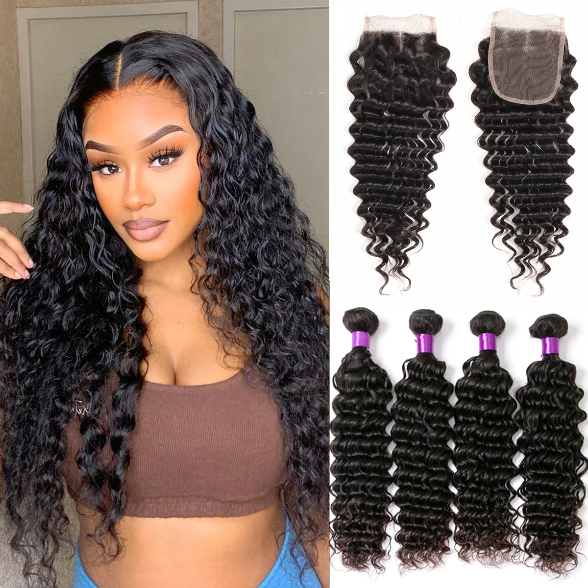 30 32 Inch Deep Wave Brazilia Human Hair Weave Bundles With Closure Frontal Raw Curly Weave 4x4 Lace Closure with Bundle
30 32 Inch Deep Wave Brazilia Human Hair Weave Bundles With Closure Frontal Raw Curly Weave 4x4 Lace Closure with Bundle