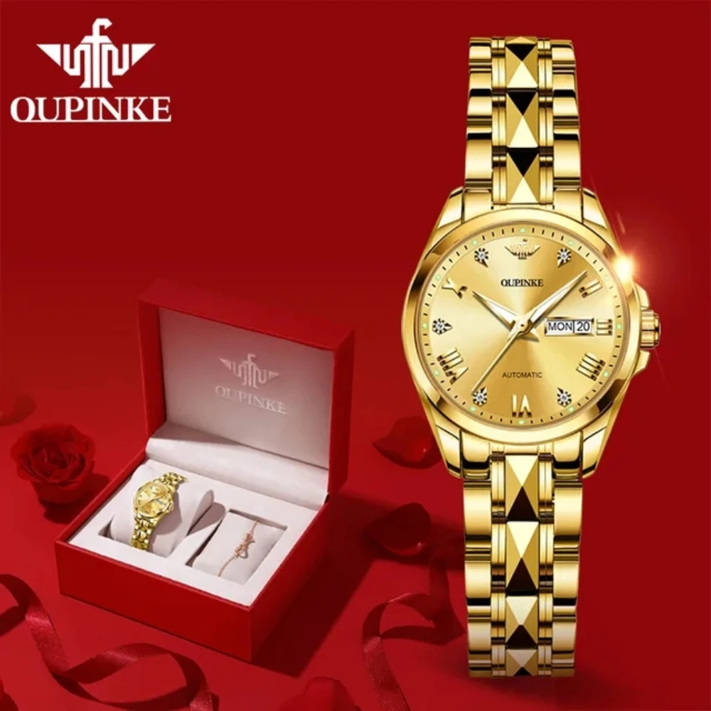 

OUPINKE Automatic Watches Women Brand Tungsten Steel Sapphire Waterproof Luxury Wristwatch Mechanical Luminous Calendar Gift